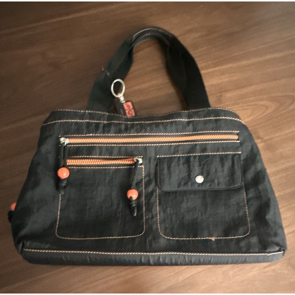 Nine West Black Satchel Top Handle Bag Orange Lining Zip Snap New with Tag